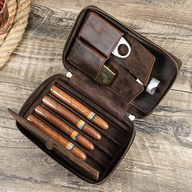 Vintage Crazy Horse Leather Cigar Box Set - 4-Pack Handcrafted Portable Humidor with Zipper for Cigars