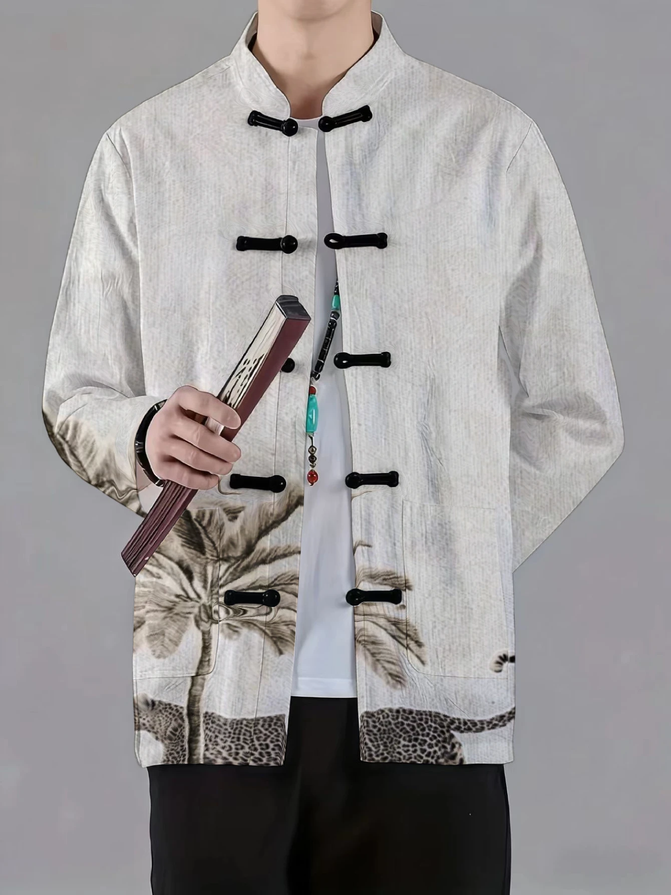 Men Mandarin Collar Frog Button Jacket Bamboo Lotus Paisley Art Print Traditional Outerwear
