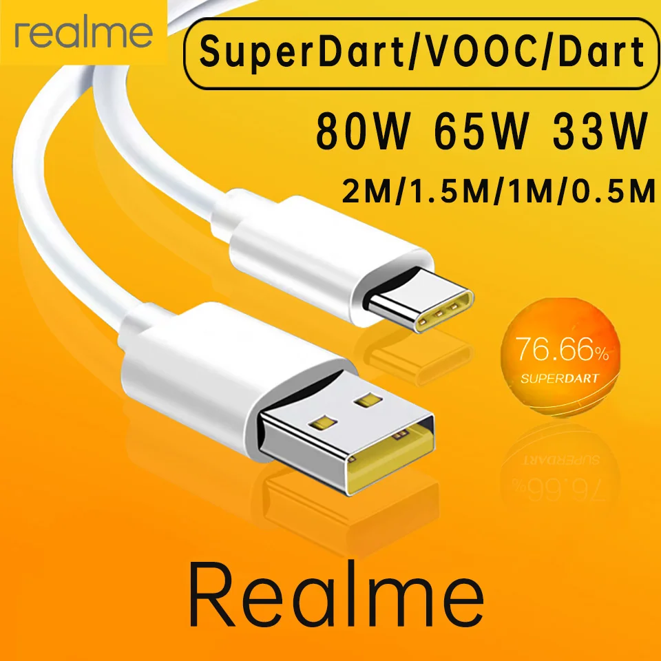 Realme Original Type C Cable Phone Cables 65w 80W 8A Super Fast Charge Super Dart Vooc Real Me 7 pro 8 8i 9pro 9i 6 X50 GT GT2