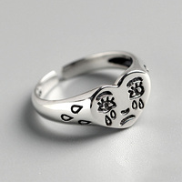 Retro Heart Shape Crying Face Ring For Men Women Silver Color Punk Gothic Open Ring Handmade Unisex Designer Jewelry Accessories