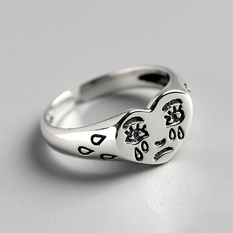 Retro Heart Shape Crying Face Ring Dla Mężczyzn Kobiet Srebrny Kolor Punk Gothic Otwarty Pierścionek Ręcznie Robiony Unisex Designerska Biżuteria Akcesoria