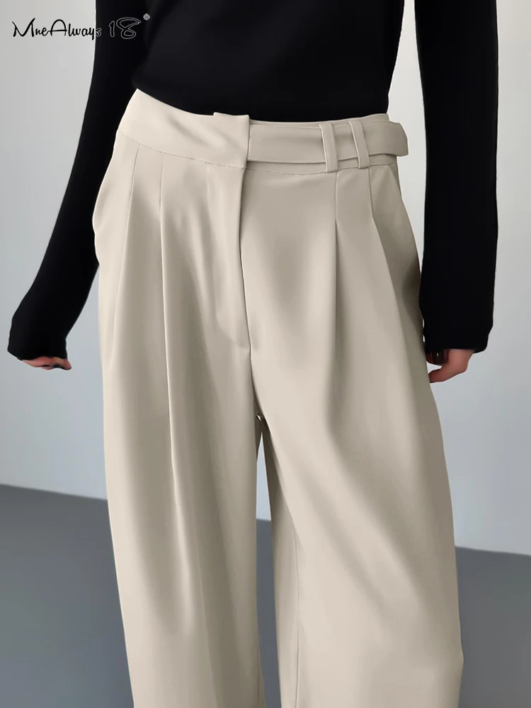 Mnealways18-Pantalon plissé à jambes larges pour femme, élégant, décontracté, taille haute, réglable, bureau, printemps 2025