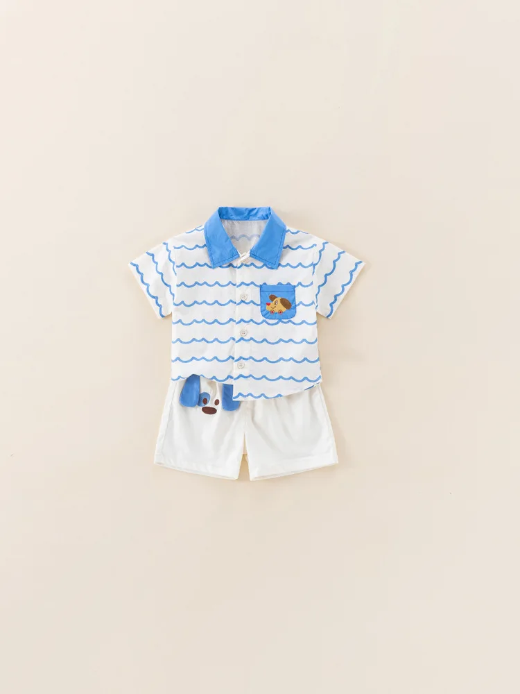 Terno de algodão listrado horizontal infantil, recém-nascido Lapel Shirt0-3Pc, Verão