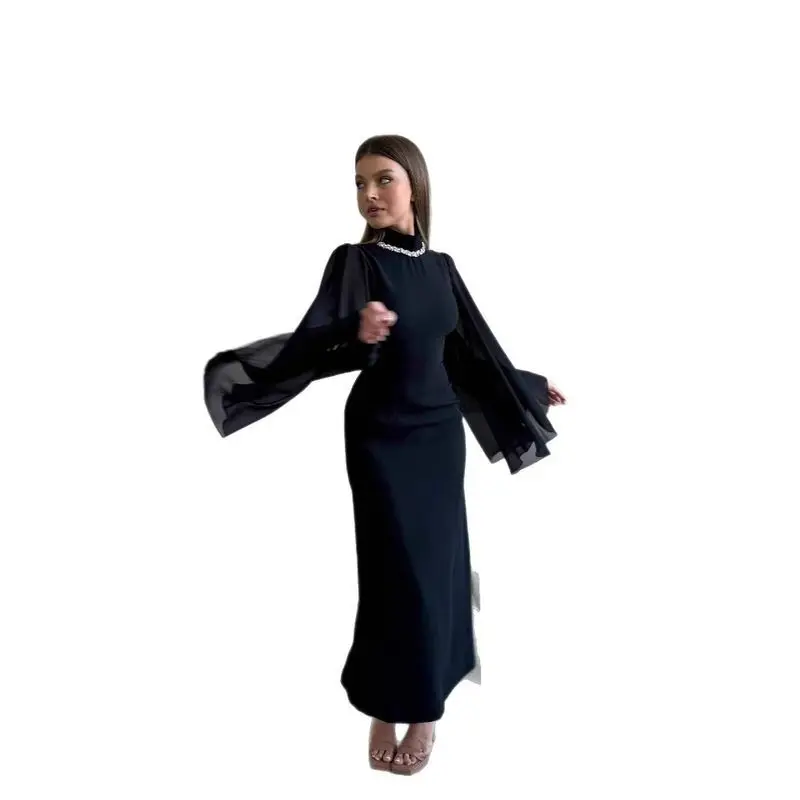 2025, neues SLE-Slim-Fit-langes Abendkleid mit mir, Spleißen und weitem Sves, Perlendekoration, Pendler-SLE mit mittlerer Taille