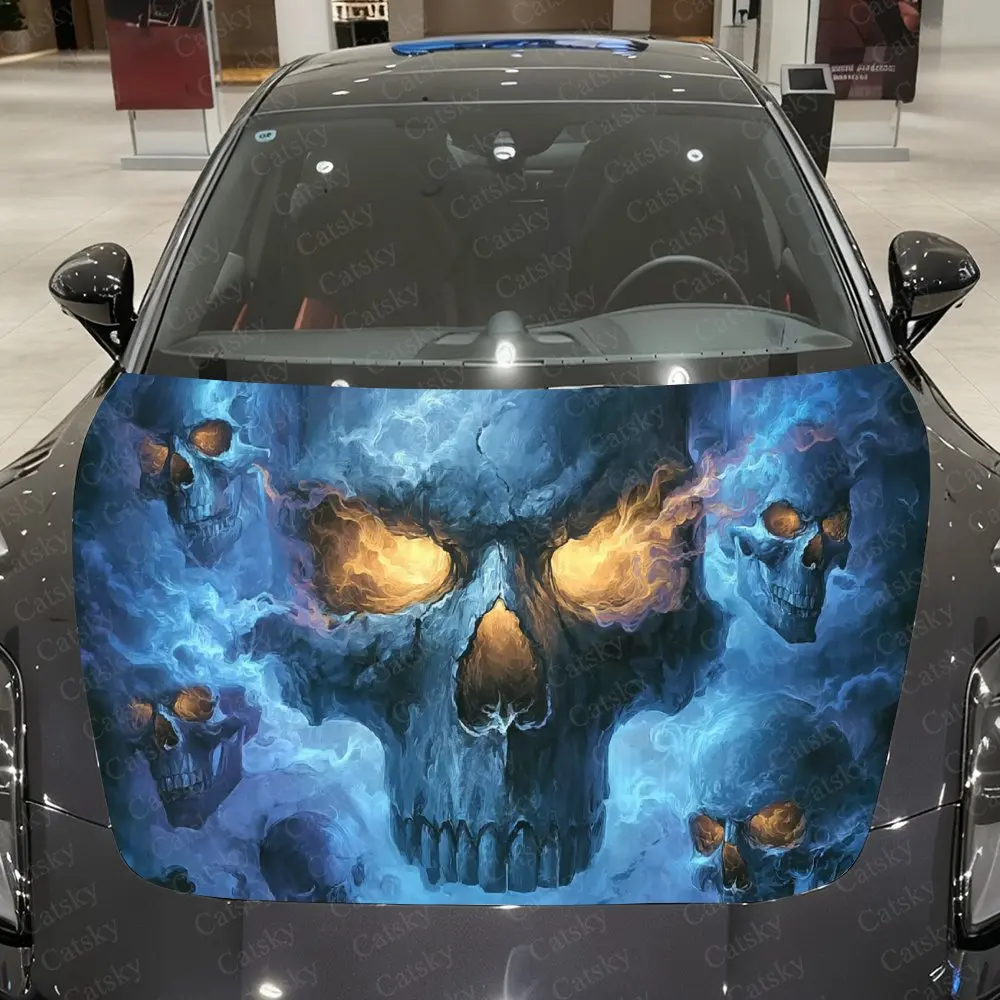 

Gothic blue atmosphere flame skull Car Hood Sticker - Gothic Floral Skull Design, Durable PVC Vinyl Material, Enhances Protecti