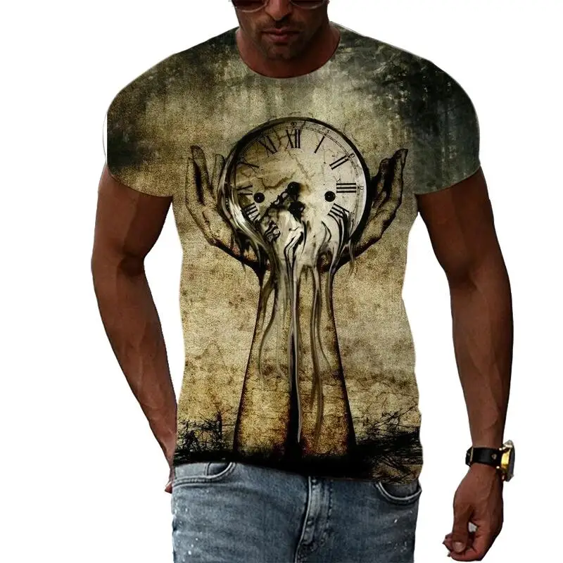 Summer Leisure Clock Pattern Men's T-shirt Hip Hop 3D Print Personality  Rod Neck Short Sleeve Tops Fashion Clothes