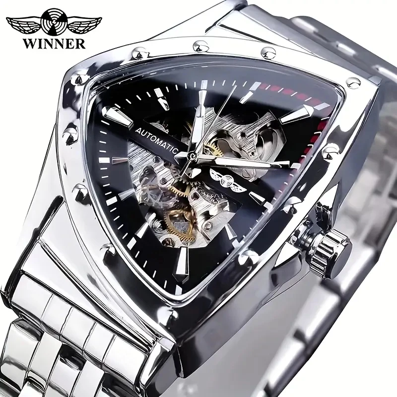 New Automatic Mechanical High-End Fashion Skeleton Watch for Men - Triangular Personalized Street Fashion Stylish Men's Watch - Lightweight and Luxurious Perfect Gift, the Best Gift for Him, No Batteries Needed