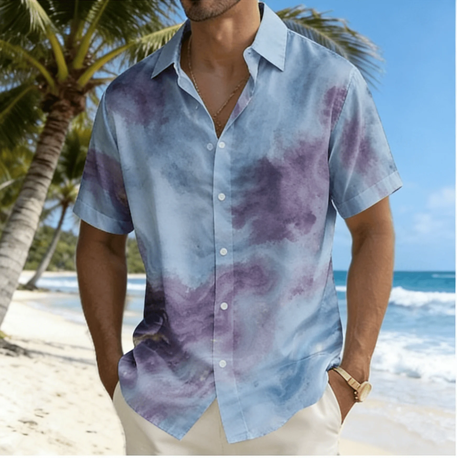 

Men's Watercolor Print Short Sleeve Shirt, Spring Summer Minimalist Hawaiian Vacation Blouse, Loose Casual Top