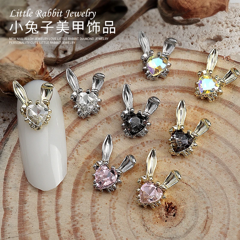 

5PCS Sparkle 3D Lovely Heart Diamonds Long Ear Rabbit Head Alloy Nail Art Rhinestones Jewel Decoration Manicure Charms Suppliers