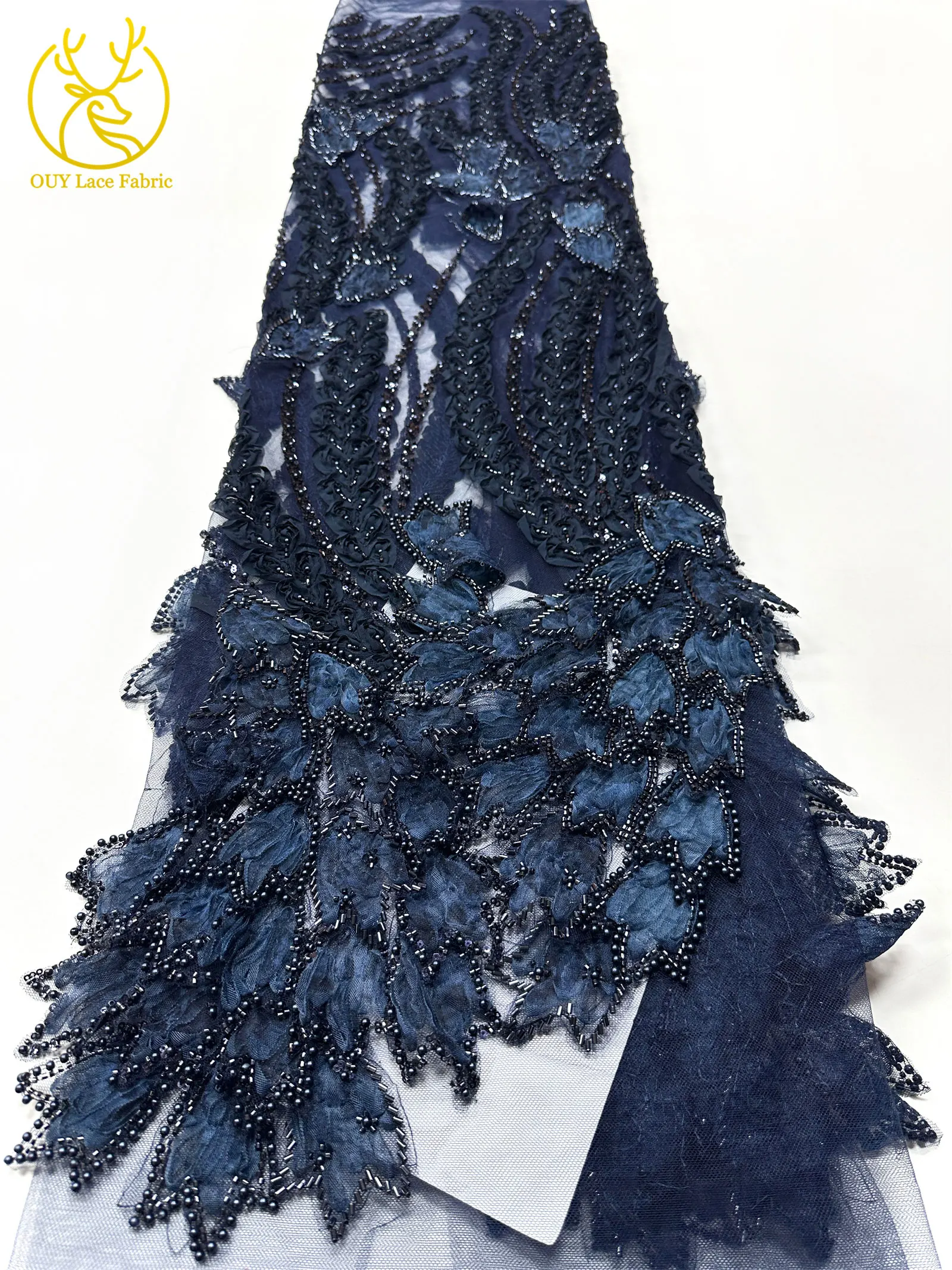 Französischer Luxus 3D-bestickter Perlen-Spitzenstoff, 5 Yards, eleganter afrikanischer nigerianischer Pailletten-Spitzenstoff für Damen, Hochzeits- und Partykleid – Detail 19