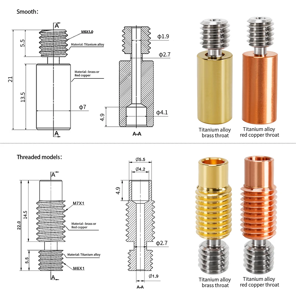 3D Printer Parts V6 Bi-Metal Heat Break Titanium Alloy Throat E3D V6 Smooth Heatbreak All Metal M6 Thread Throat