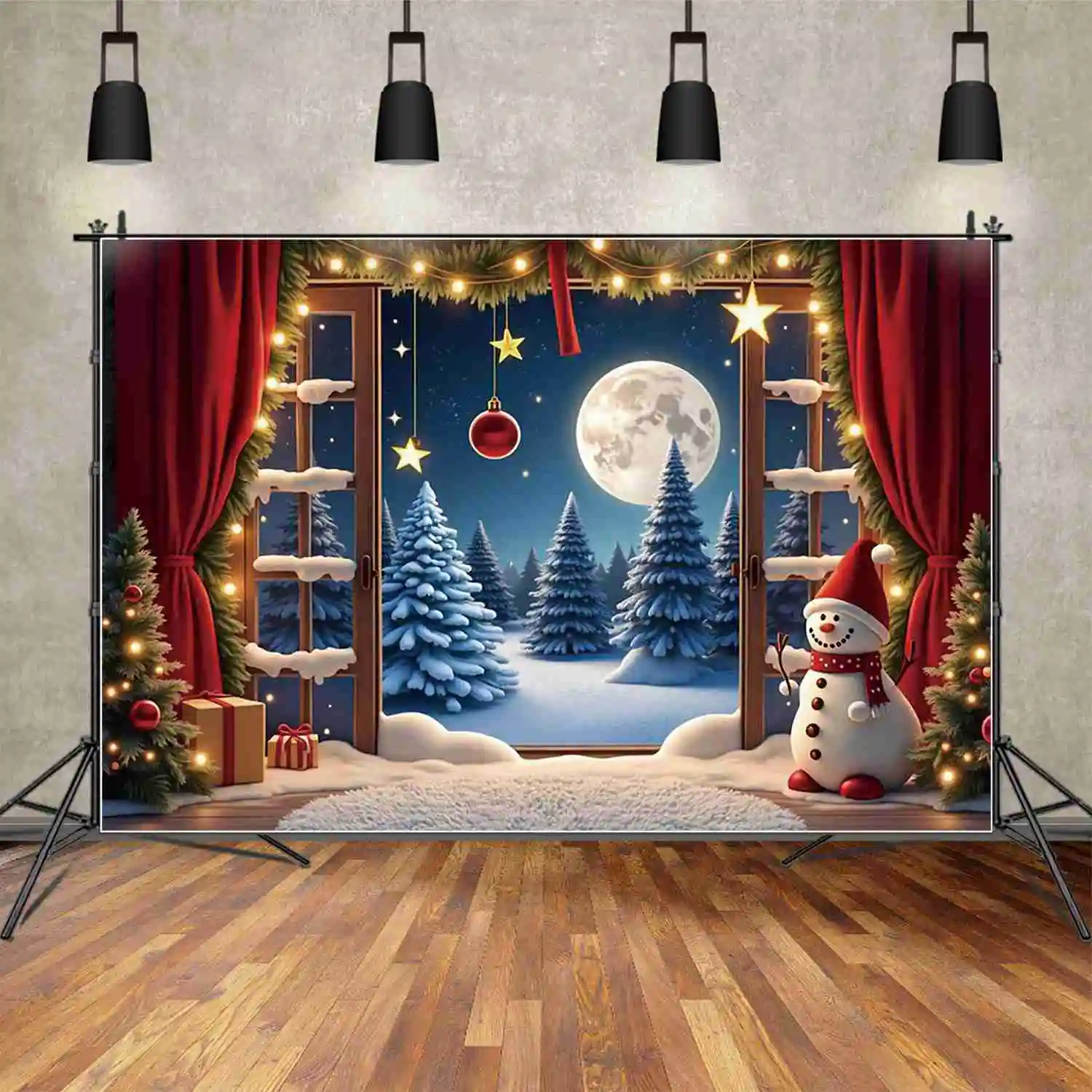 MOON.QG 2025 Christmas Photography Background Arch Window Wooden Door New Year Photozone Backdrop Baby Photo Studio Accessories