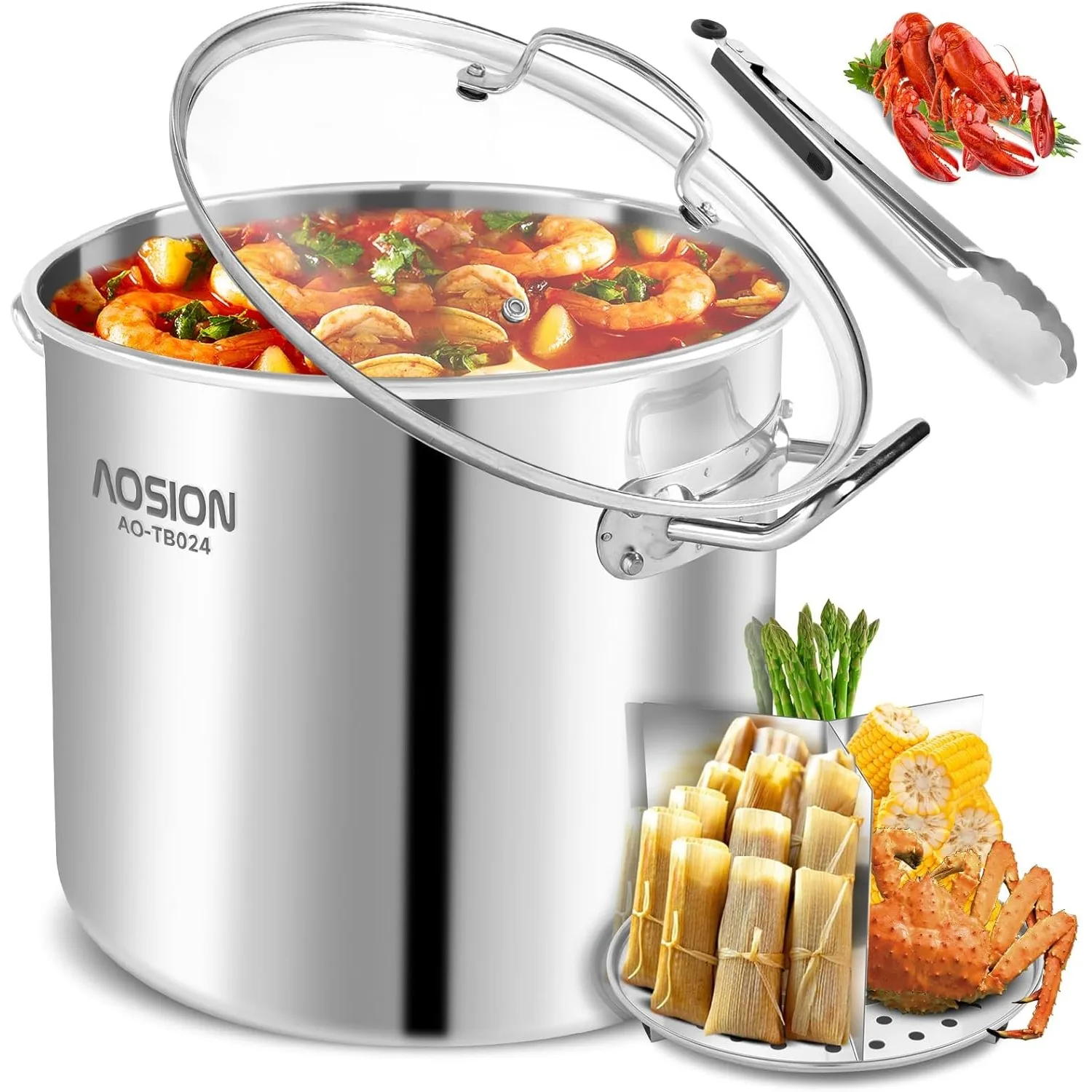 24 Quart Stainless Steel Stock Pot With Lid, 3-IN-1 Heavy Duty Tamale Steamer Pot with Visible Lid for Pasta, Soup,Large Pot