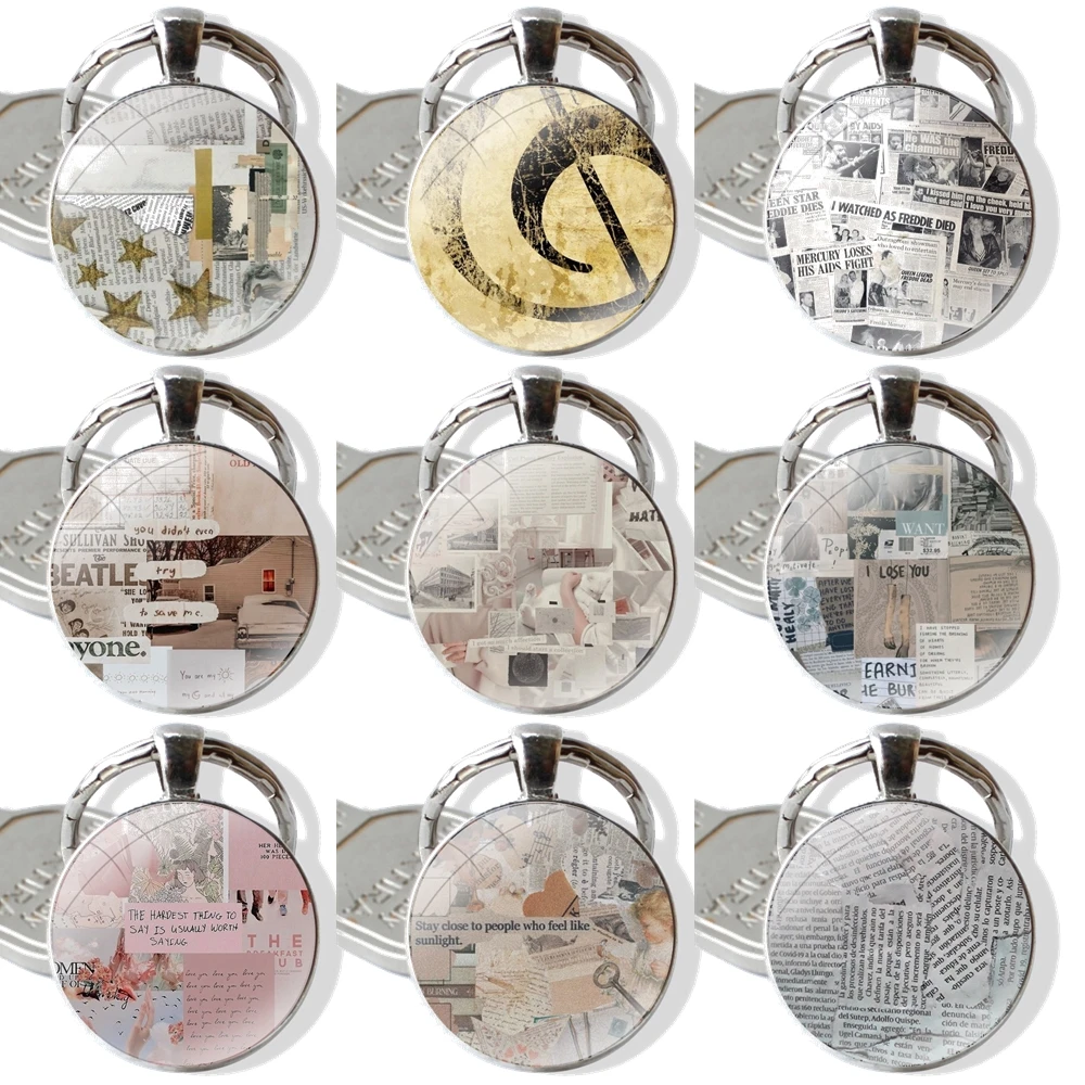 Keychain Glass Cabochon Metal Pendant Classic Men's Women's Keyring Great Art book Old newspaper sheet music notes