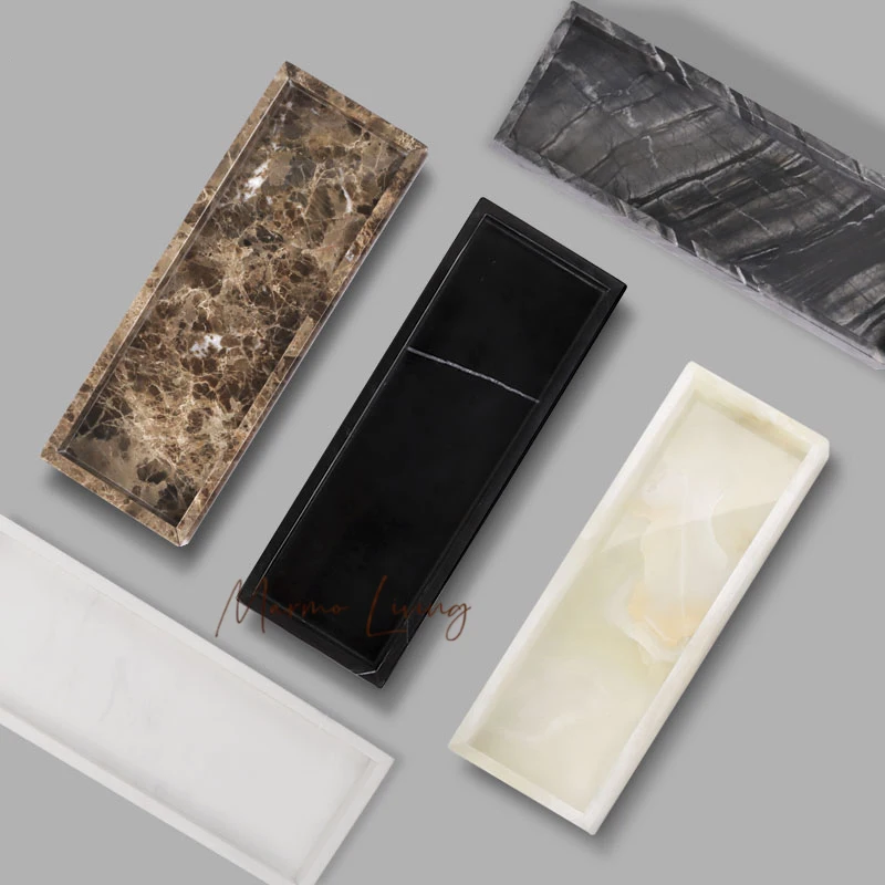 

Real Natural Marble Tray with Handle Luxury Rectangular Washbasin Vanity Storage Tray Bathroom Accessories
