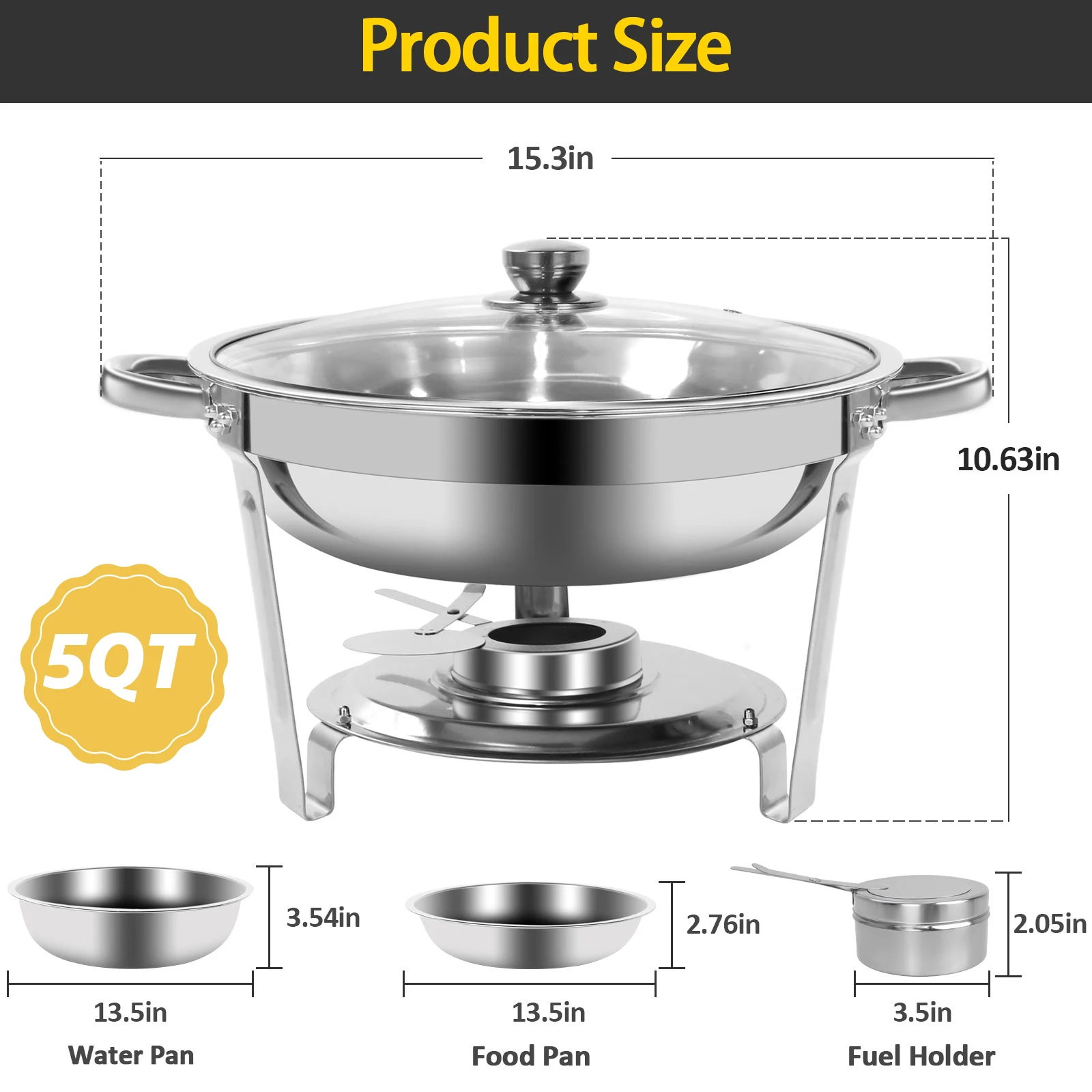 BHB 4 Pack Chafing Dishes for Buffet, 5QT Round Buffet Servers and Warmers, Buffet Warmer Set with Glass Lid, for Parties, Weddings, Catering Events