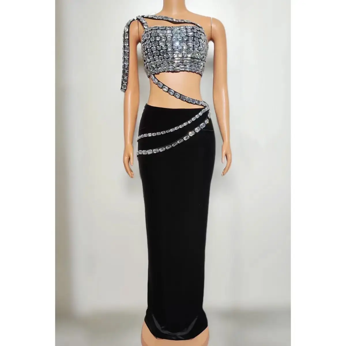 Diamond Studded One Shoulder Sexy Long Skirt Nightclub Bar DJ Female Singer Dance Team Stage Costume Party Theme Show Clothing