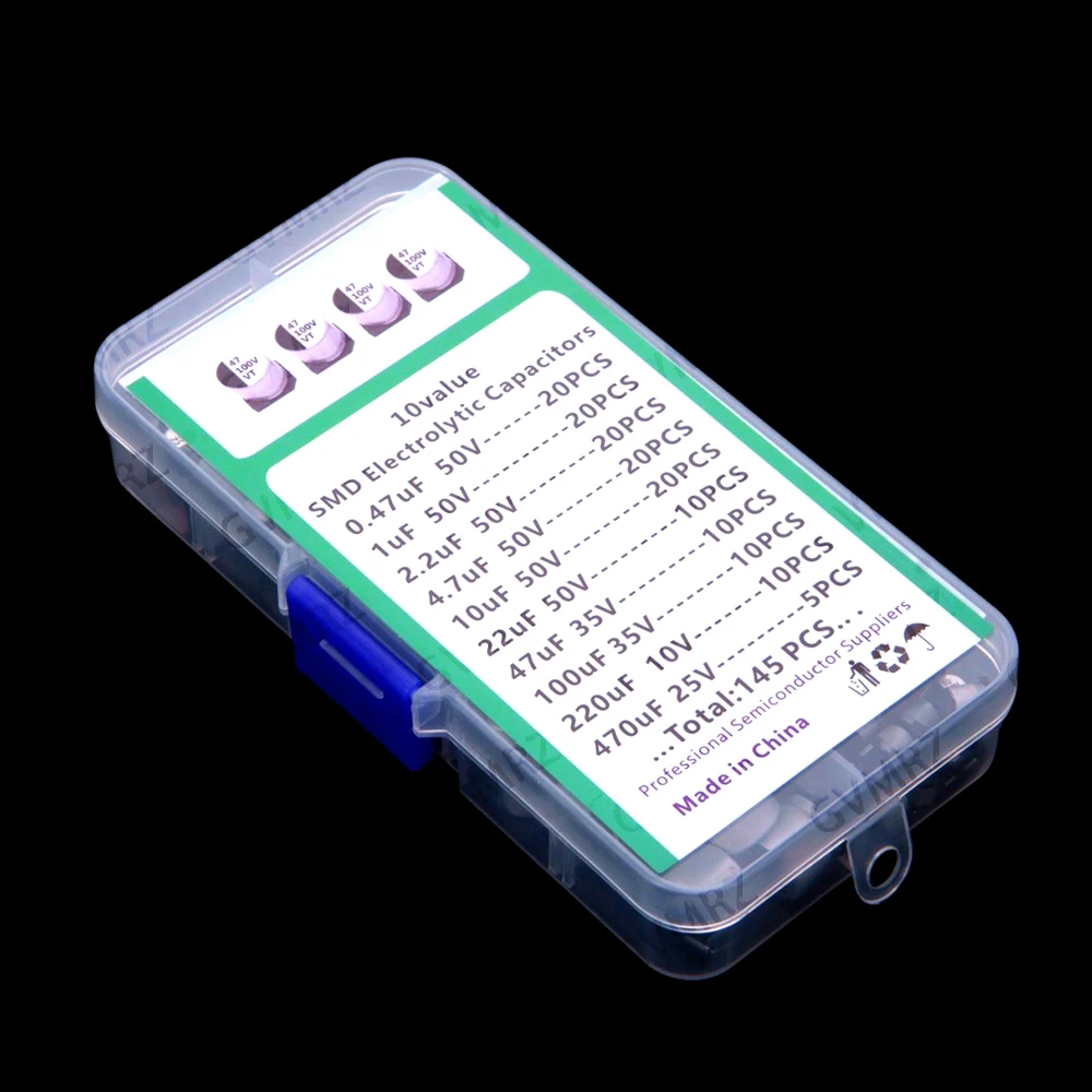 10Values 0.47UF-22UF 222UF 145PCS SMD Aluminum Electrolytic Capacitor Kit 0.47UF 1UF 2.2UF 4.7UF 10UF 50V