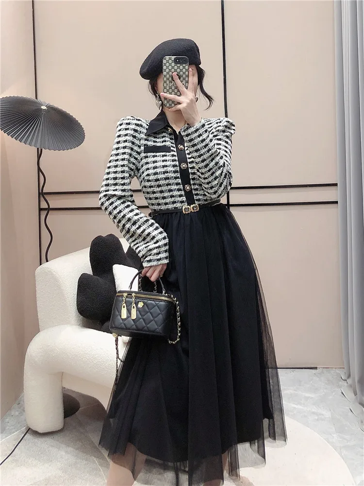 Autumn Women Mid-length Elegant Tweed Mesh Patchwork Fake Two Dress Temperament Plaid Shirt Collar Belt Long Dress Robes