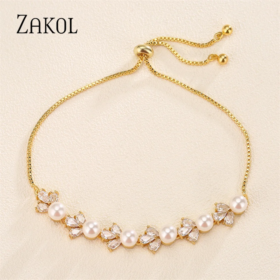 ZAKOL New Elegant White Round Imitation Pearls Bracelets for Women Fashion Leaf Zirconia Adjustable Bracelet Wedding Jewelry