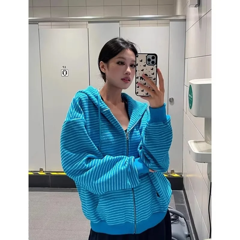 

Ретро-кардиган унисекс с капюшоном в полоску, свободный крой, теплый, с длинными рукавами, для зимы