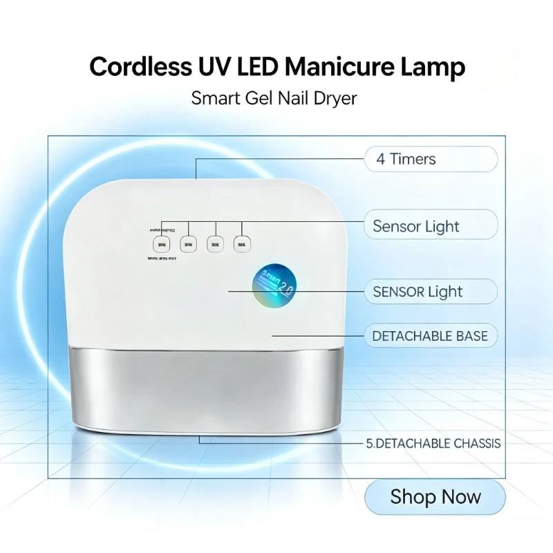 Travel Gel Curing UV Light, Cordless Manicure LED Lamp, Smart Sensor and 4 Timers for Salon Nail Works