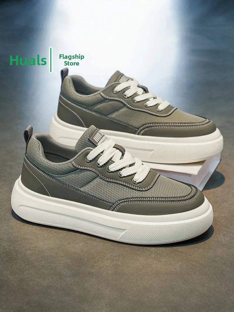 Men's Breathable Mesh Canvas Shoes Autumn Season Sporty Casual Low Tops Thick Bottom Fashionable Board Shoes Korean Style