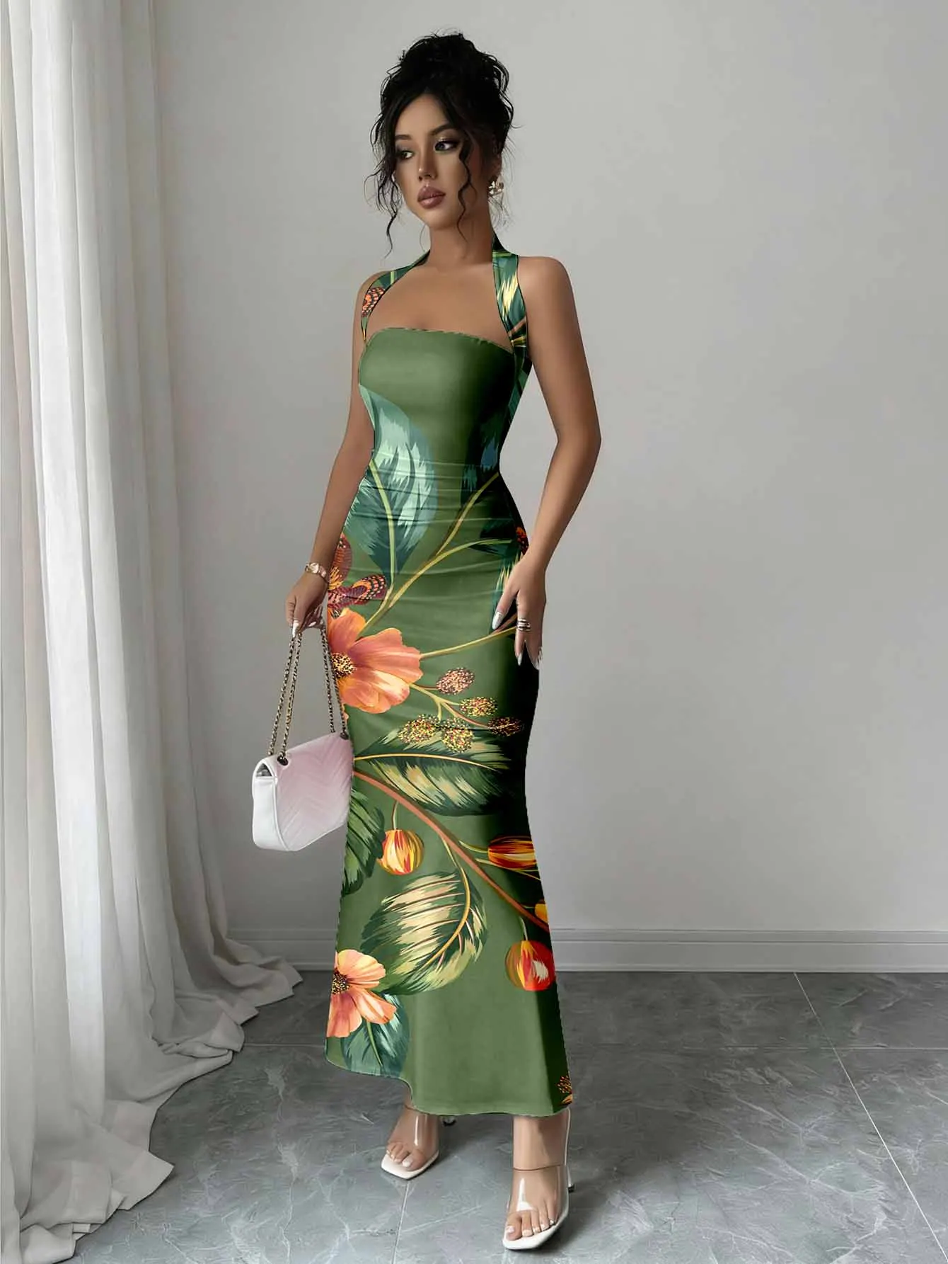 Sleeveless slim fit hip hugging long skirt with neck hanging design for dinner party temperament dress