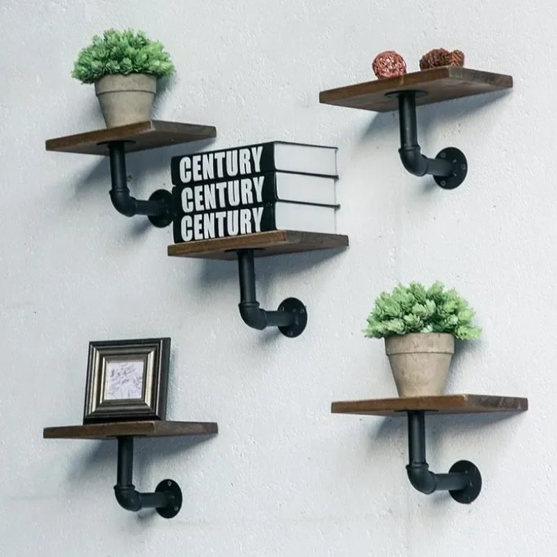 European Retro Wall Mount Wood Shelf Iron Pipe Holder Storage Floating Book Shelf Hanging Home Living Room Restaurant Bedroom