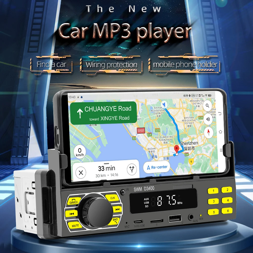 

Car Radio Bluetooth-compatible 1 Din MP3 Player Handsfree Type C USB TF Aux APP Remote Cell Phone Holder Audio System Head Unit