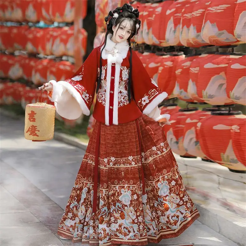 Winter Style Individuality Original Ming-style New Year Greeting Hanfu for Women with Embroidered Armrests and Horse Face Skirts