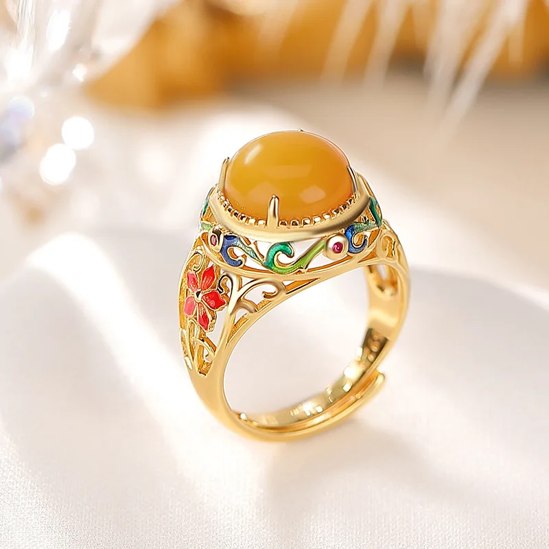 S925 Sterling Silver Gold-Plated Amber Enamel Hollow Flower National Trend Style Elegant Ring