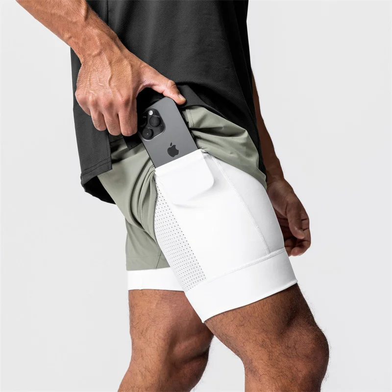 New Summer woven double-deck shorts Gyms Fitness Quick Dry Beach Shorts men 2 In 1 Multi-pocket sweatpants men Running shorts