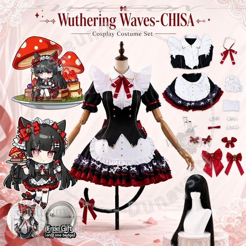 Chisa Cat Tail Sweet Gothic Black White Red Ruffle Maid Mini Dress Bow Long Wig Halloween Party Cosplay Wuthering Waves Badge - view 2