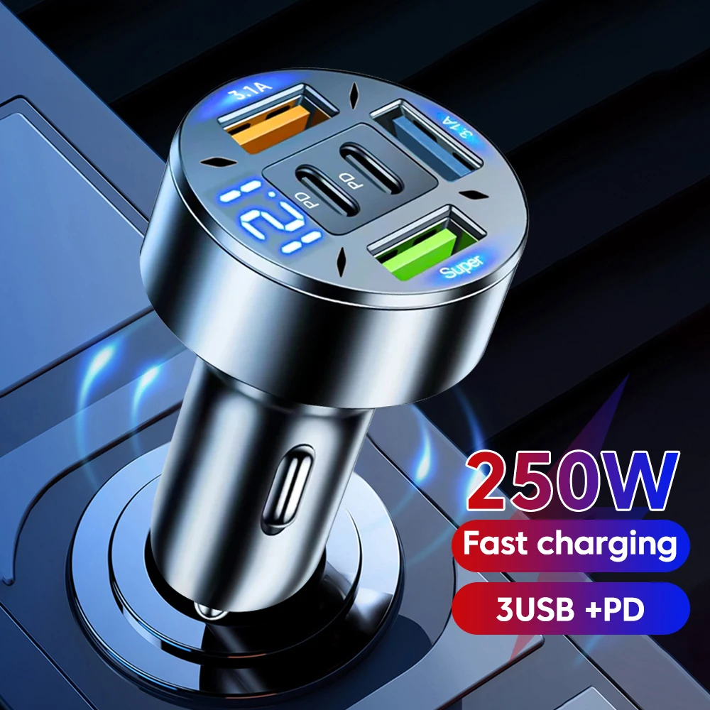 

Автомобильное зарядное устройство с цифровым дисплеем, 250 Вт, QC3.0, USB-адаптер для быстрой зарядки телефона, 2PD + 3 USB-зарядное устройство типа C для Xiaomi Samsung Huawei