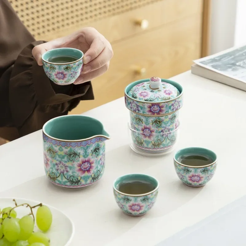 Enamel Color Express Cup Portable Outdoor Travel TeaSet 1 Pot 3Cups Camping Travel Ceramic Tea Maker Home Decoration Accessories
