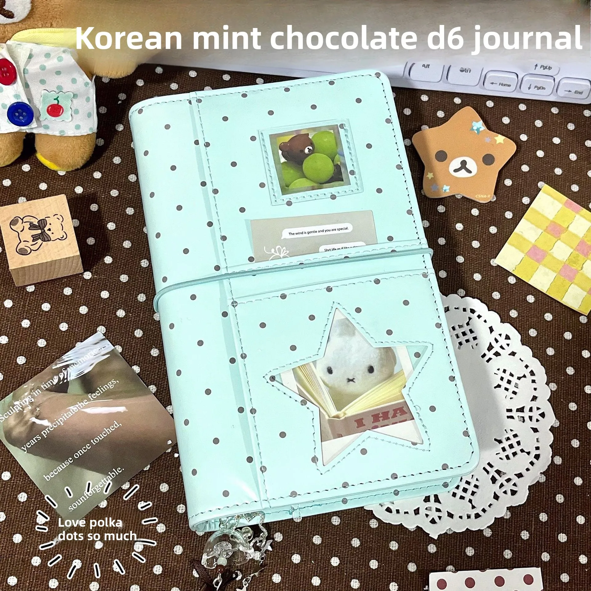 Korean Style Ins Style Girl Thin and Compact Polka Dot Star A6 Planner PU Leather Loose-Leaf Notebook Stationery