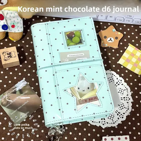 Korean Style Ins Style Girl Thin and Compact Polka Dot Star A6 Planner PU Leather Loose-Leaf Notebook Stationery
