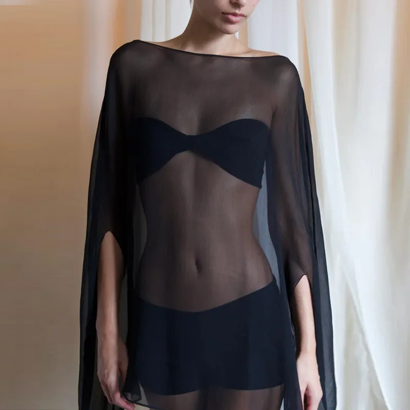 DSMTRC moda verano gasa ropa de playa transparente manga de murciélago sólido suelto cubrir vestido para mujeres media manga Mini vestidos