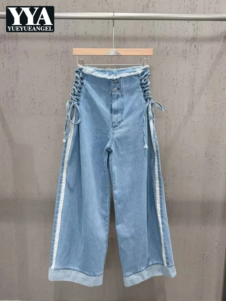2026 New Fashion Female Lace-up Blue Denim Trousers High Street Womens Casual Straight Jeans Pocket High Waisted Wide Leg Pant