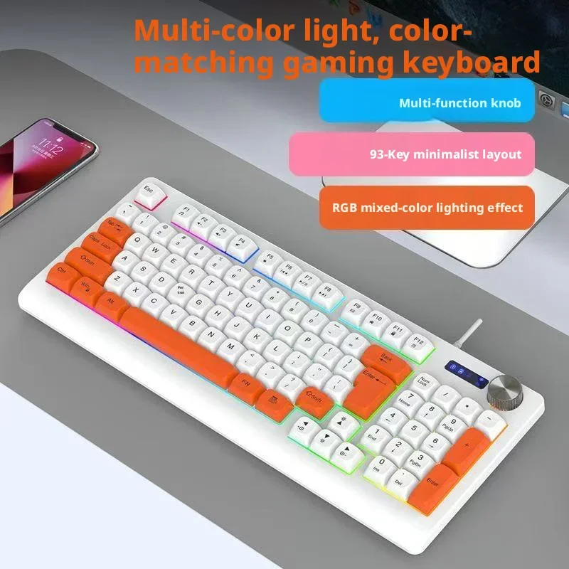 93 Keys Wired Gaming Keyboard with RGB Backlight Multi-Function Knob Color Matching Mechanical Feel Keyboard for PC Laptop Gamer