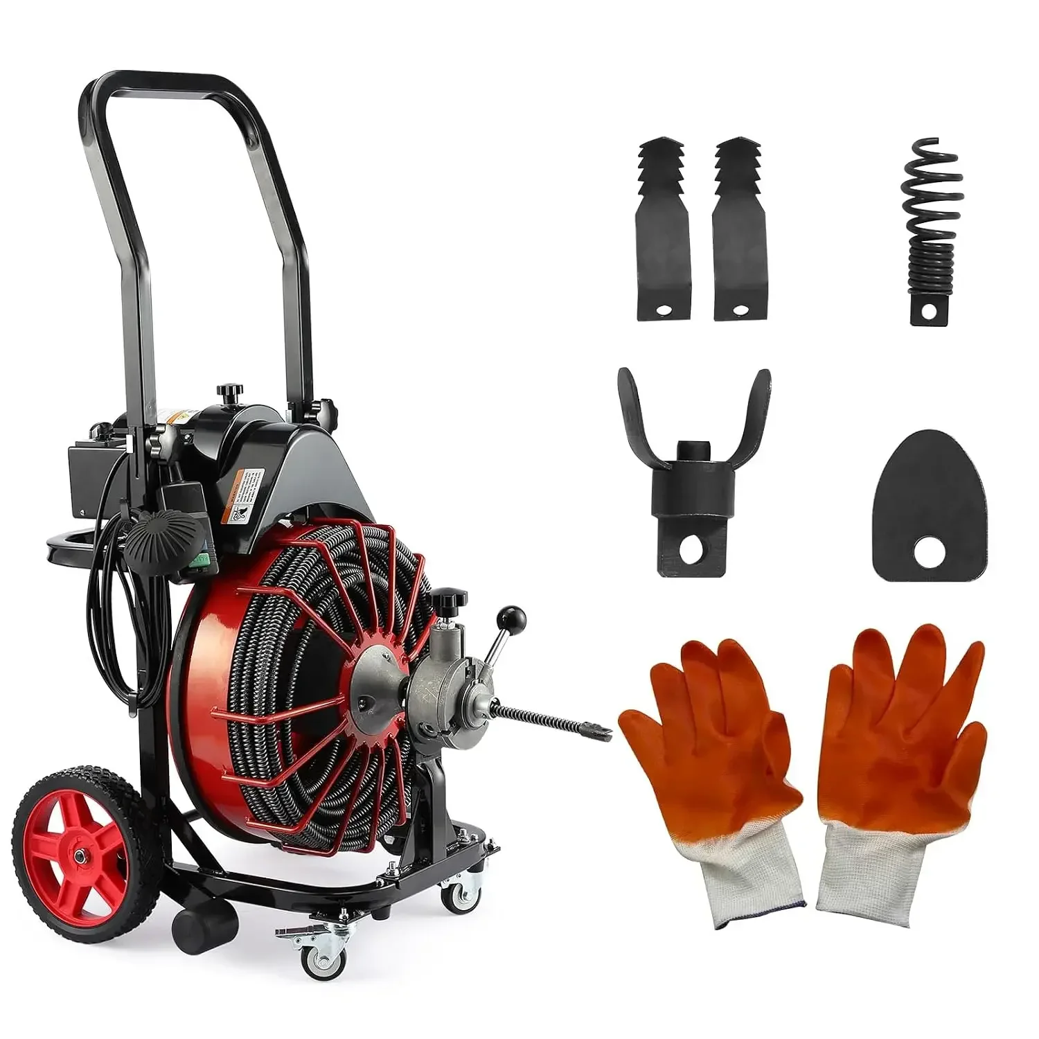 100 ft x 1/2 in Drain Cleaner, 550W Auto-Feed Sewer Auger, Air Foot Switch, GFCI, 4 Cutters & Gloves, Wheeled Frame,Customized