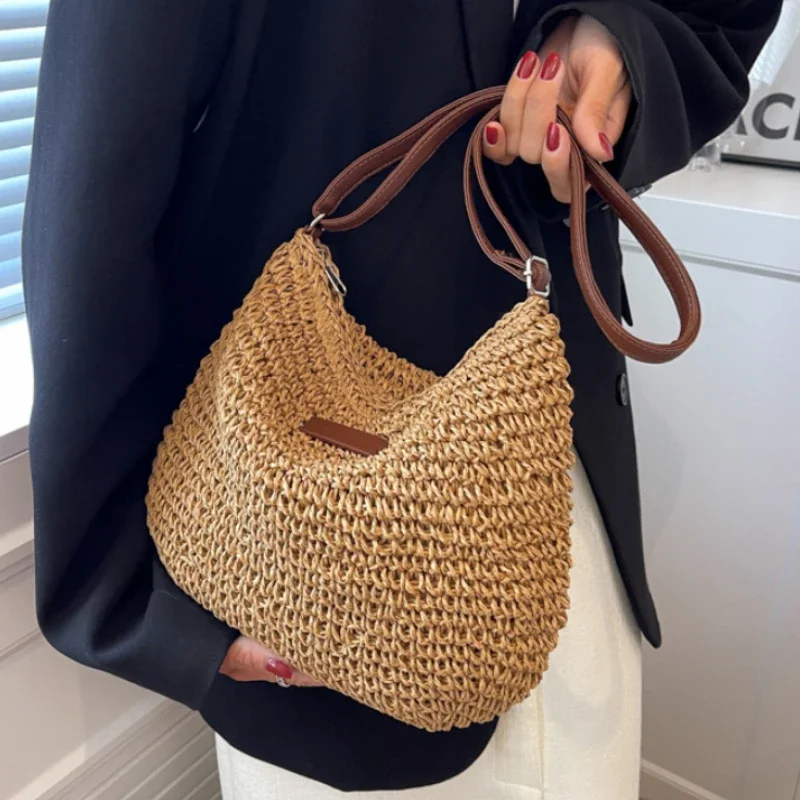 Straw Beach Tote Large Single Shoulder Straw Minimalist Woven Light Storage Vacation Shopping Daily Women Handbag