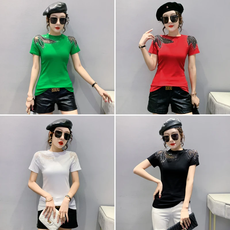 Summer Short Sleeved Hollow Out Women Tops Fashion Casual Hot Diamond Solid Color Mesh T-Shirt 3XL Elasticity Clothes