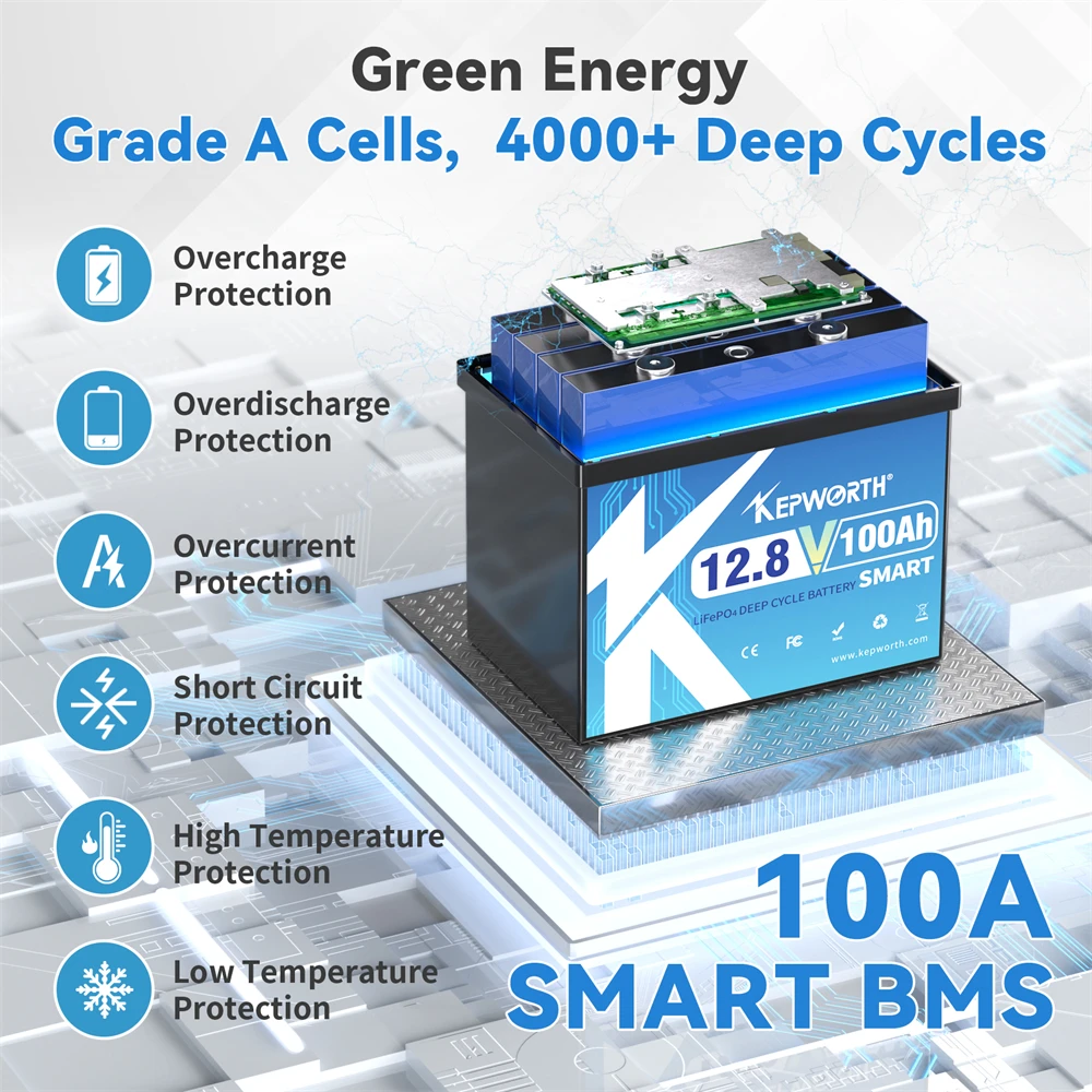 KEPWORTH LiFePO4 12V 100Ah 135Ah Bluetooth Battery build in 100A BMS and 6000 Cycles  for Motorhome,  Solar System Complete Set