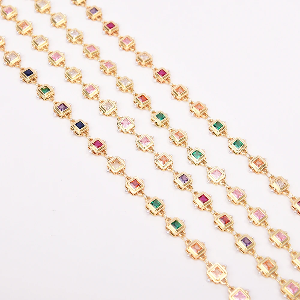 APDGG 1 Meter Rainbow Mix Color Square Cubic Zircon CZ Chain Yellow Gold Plated DIY Making Pearl Jewelry