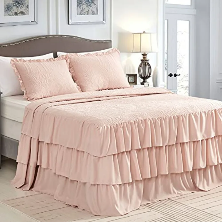 Ruffle Skirt Bedspread Size - 30" Long Drop Shabby Chic Style Lightweight Bedding Cover 3 Pcs Set Chic Layers Pink