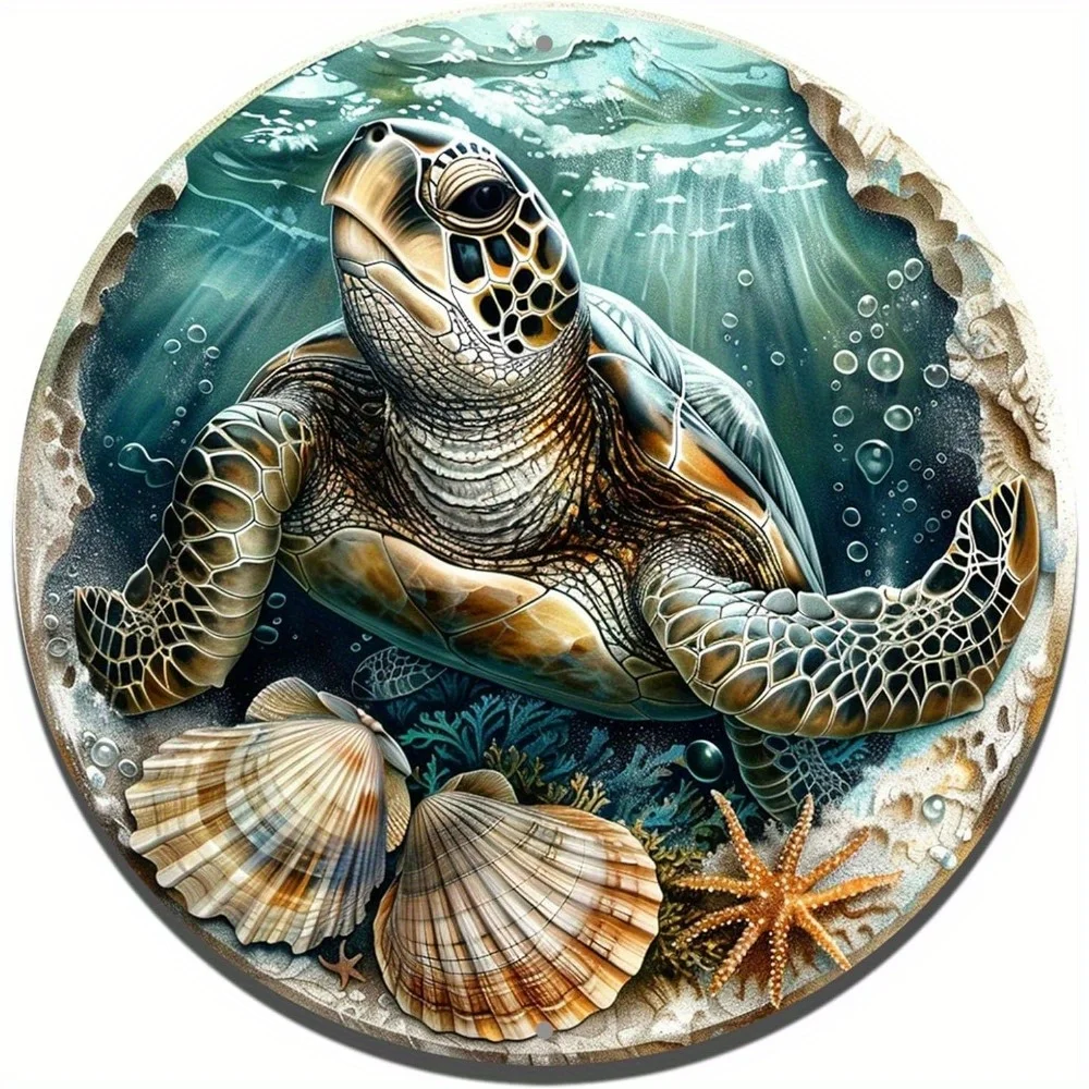

2D Round Aluminum Flat Sign, Sea Turtle Themed Decoration Office Room Home Door Decorations, Ocean Animal Wall Art Decor