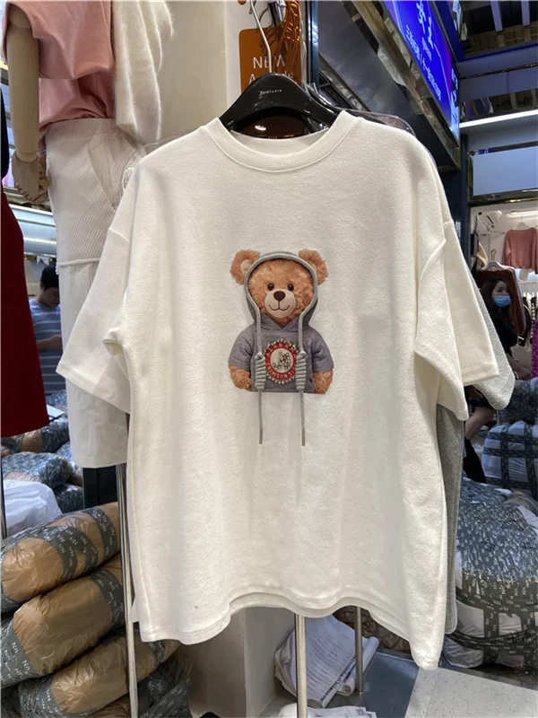 

plus Size Women's Short Sleeve T-Shirt Summer Loose Fit Bear Print Casual Cotton round Neck Korean Style Fashionable Slimming