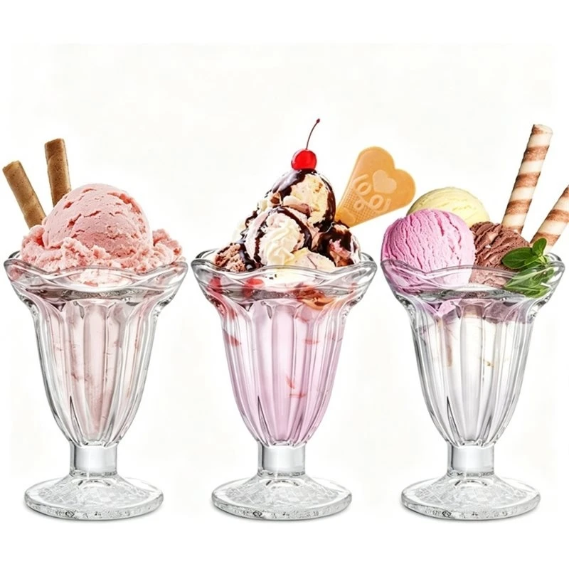 ABLU-Clear Milkshaked Glass Sundae Cups 3Pcs, Tulip-Shaped Dessert Bowls With Stems, Ideal Perfect For Serving Cocktails